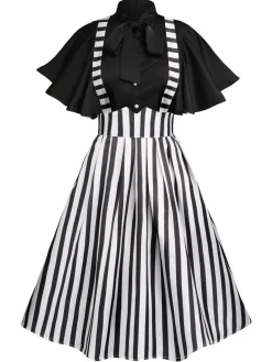 Hot Retro Stage 2PCS 1950s Black Solid Blouse & Suspender Skirt Black & White