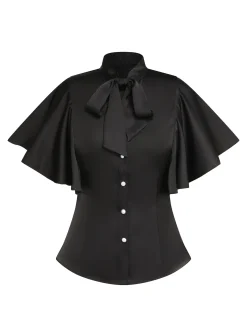 Hot Retro Stage 2PCS 1950s Black Solid Blouse & Suspender Skirt Black & White
