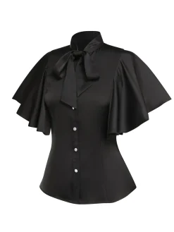 Hot Retro Stage 2PCS 1950s Black Solid Blouse & Suspender Skirt Black & White