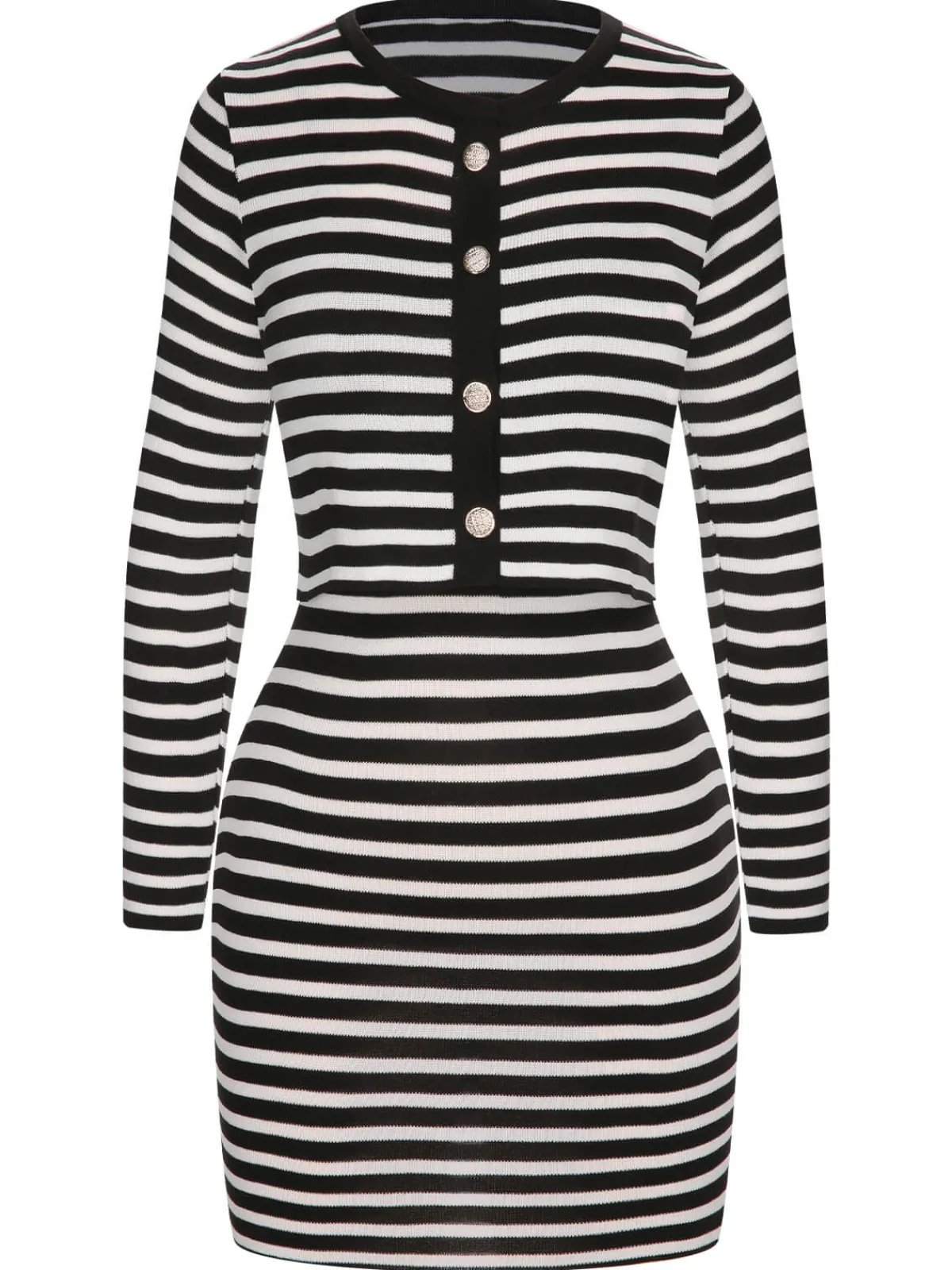 Hot Retro Stage 2PCS 1960s Black White Striped Knit Strap Dress & Cardigan