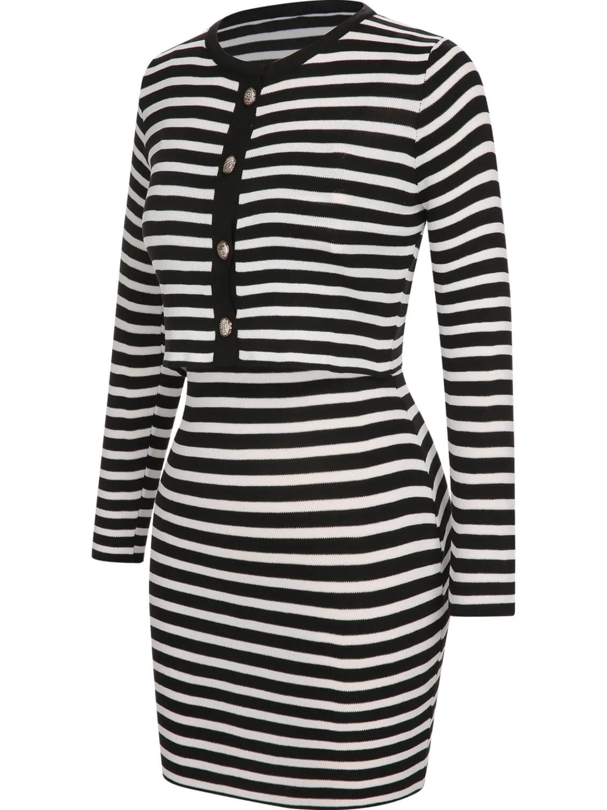 Hot Retro Stage 2PCS 1960s Black White Striped Knit Strap Dress & Cardigan