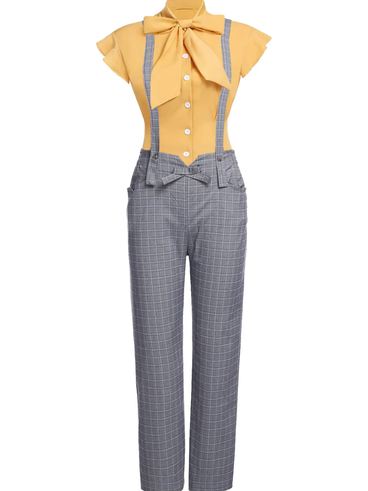 Outlet Retro Stage 2PCS 1950s Blouse Top & Suspender Pants Yellow Gray