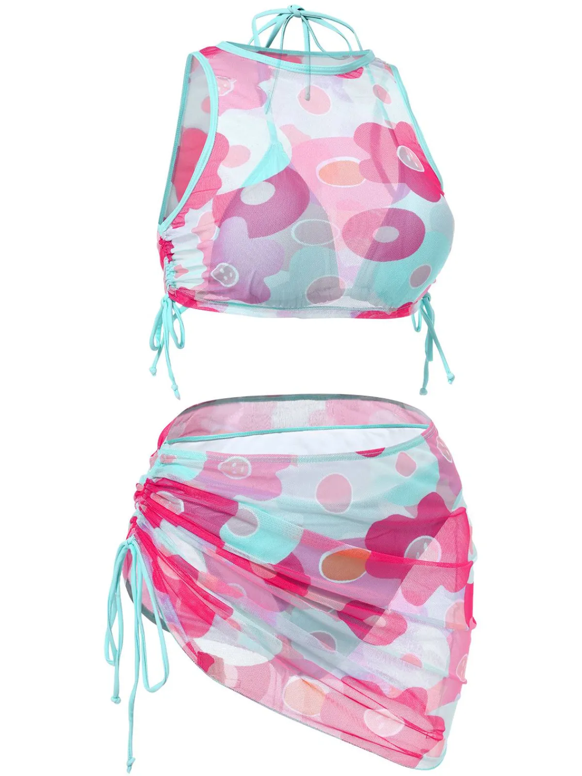 Online Retro Stage 2PCS 1950s Blue Solid Swimsuit & Pink Floral Cover-Up Pink & Blue