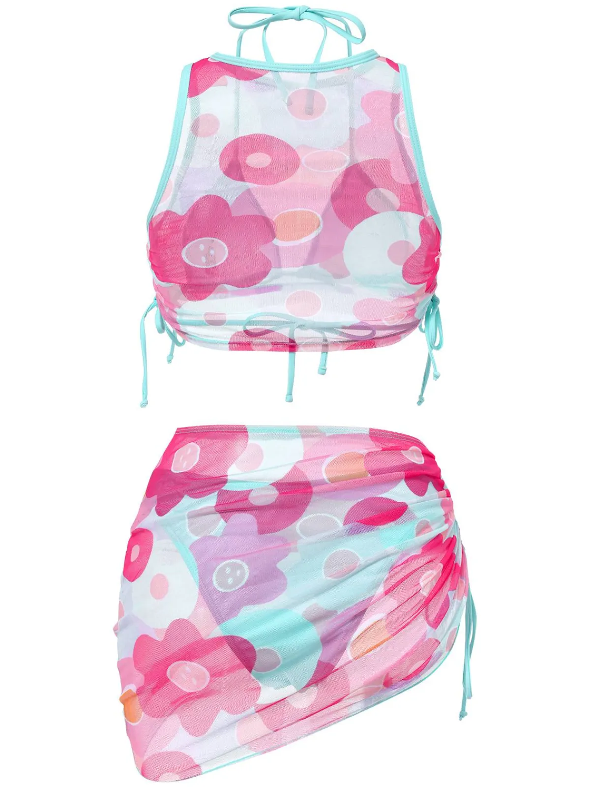 Online Retro Stage 2PCS 1950s Blue Solid Swimsuit & Pink Floral Cover-Up Pink & Blue