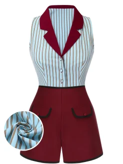 Fashion Retro Stage 2PCS 1950s Blue Stripes Patchwork Blouse & Red Solid Shorts Blue & Red
