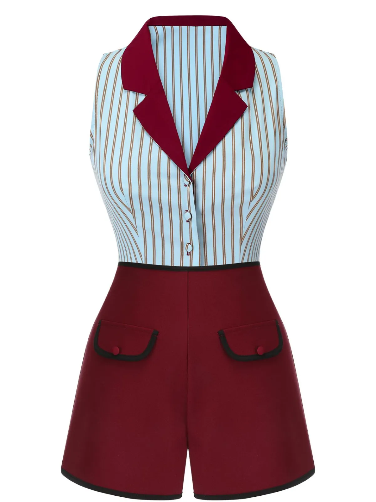 Fashion Retro Stage 2PCS 1950s Blue Stripes Patchwork Blouse & Red Solid Shorts Blue & Red
