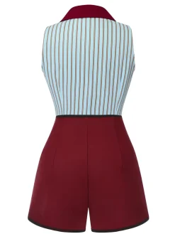 Fashion Retro Stage 2PCS 1950s Blue Stripes Patchwork Blouse & Red Solid Shorts Blue & Red