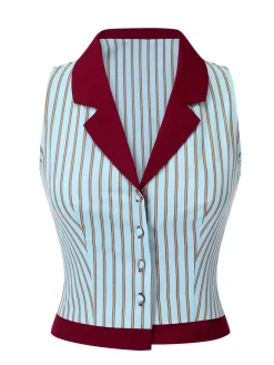 Fashion Retro Stage 2PCS 1950s Blue Stripes Patchwork Blouse & Red Solid Shorts Blue & Red