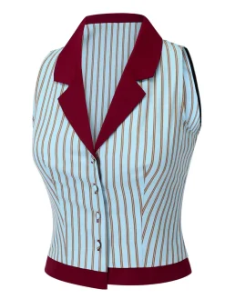 Fashion Retro Stage 2PCS 1950s Blue Stripes Patchwork Blouse & Red Solid Shorts Blue & Red