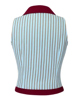 Fashion Retro Stage 2PCS 1950s Blue Stripes Patchwork Blouse & Red Solid Shorts Blue & Red