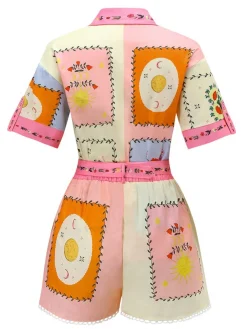 Online Retro Stage 2PCS 1970s Boho Floral Blouse & Belted Shorts Multicolor