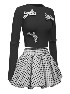 New Retro Stage 2PCS 1950s Bow Solid Top & Plaid skirt