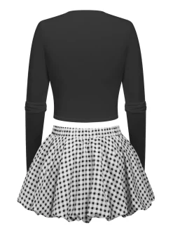 New Retro Stage 2PCS 1950s Bow Solid Top & Plaid skirt