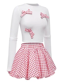 New Retro Stage 2PCS 1950s Bow Solid Top & Plaid skirt