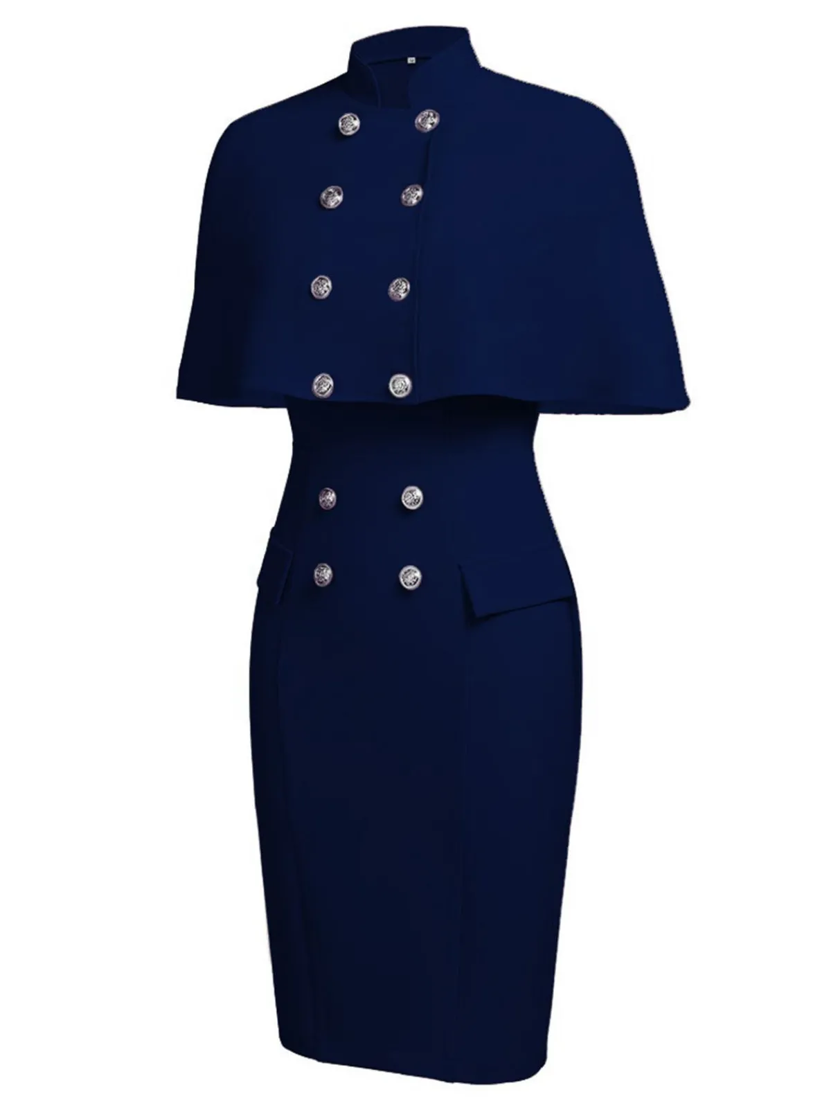 Sale Retro Stage 2PCS 1960s Button Work Pencil Dress Navy Blue