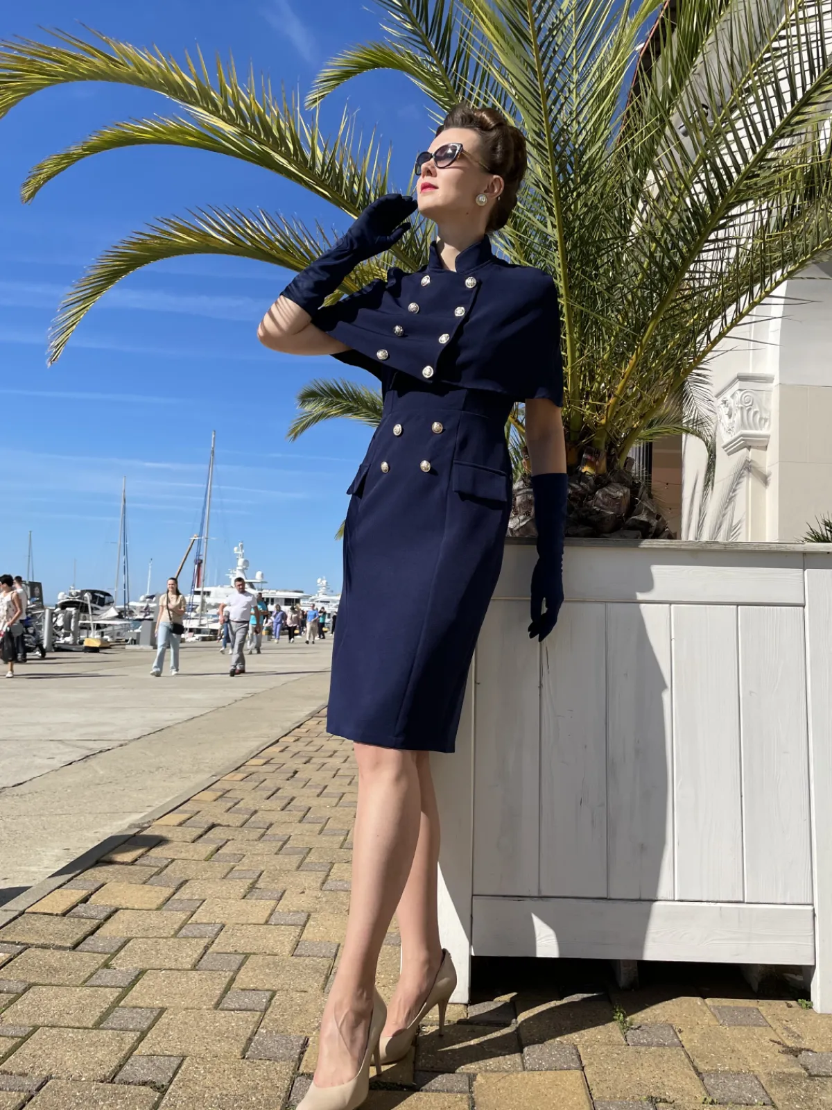 Sale Retro Stage 2PCS 1960s Button Work Pencil Dress Navy Blue