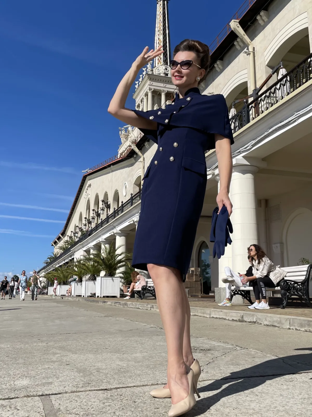 Sale Retro Stage 2PCS 1960s Button Work Pencil Dress Navy Blue