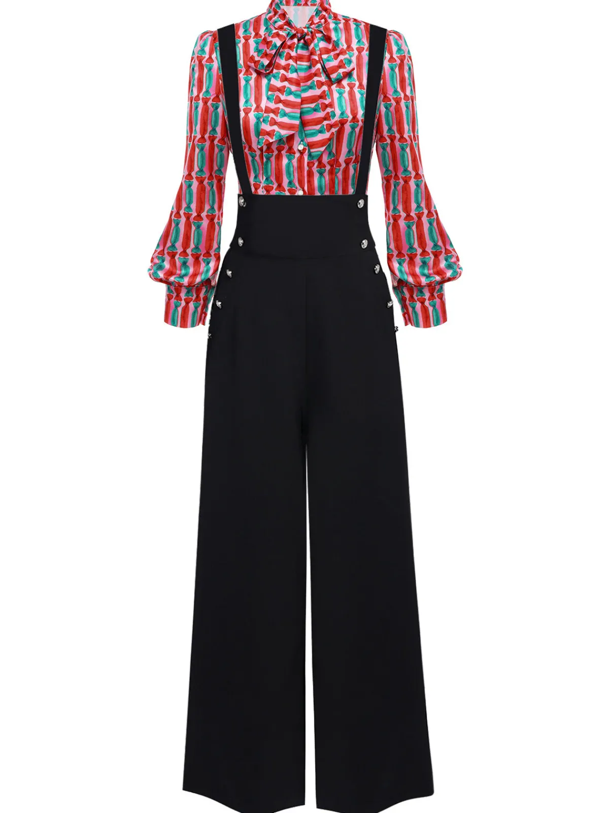 Clearance Retro Stage 2PCS 1950s Candy Tie-Up Blouse & Black Suspender Pants Pink & Black