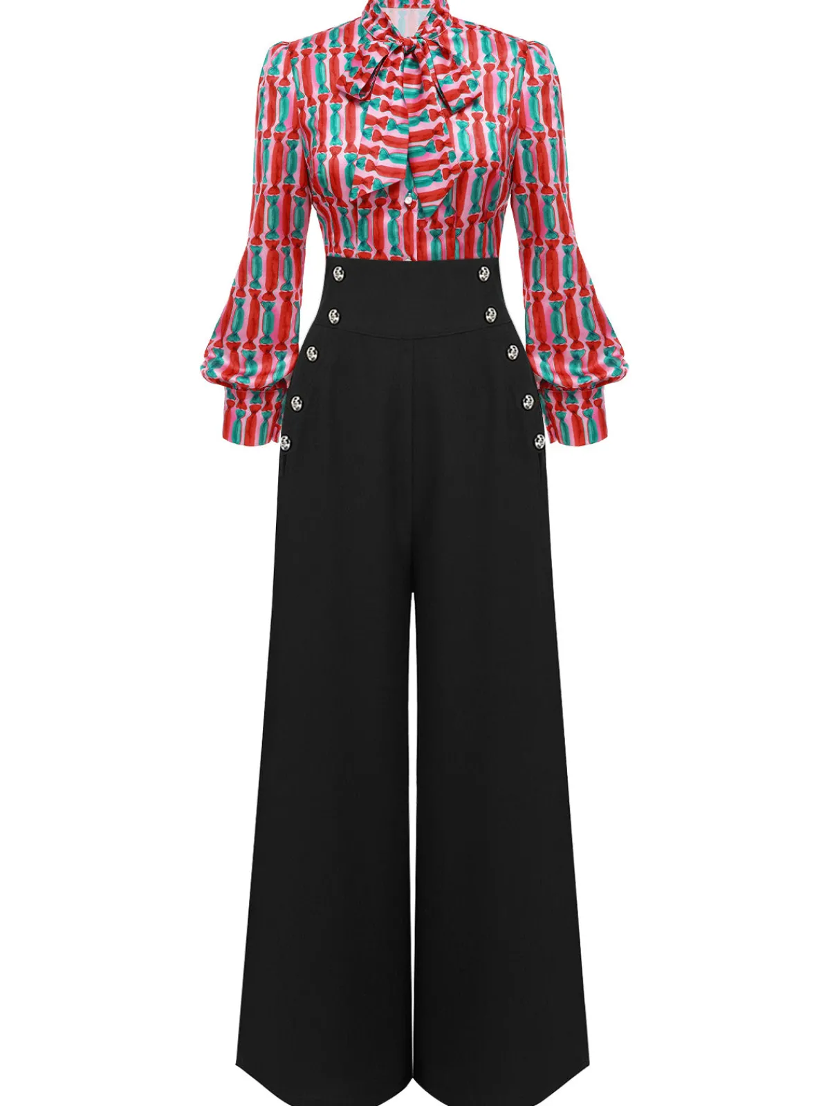 Clearance Retro Stage 2PCS 1950s Candy Tie-Up Blouse & Black Suspender Pants Pink & Black