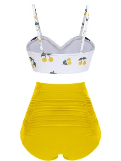 Online Retro Stage 2PCS 1950s Cherry Spaghetti Strap Bikini Set