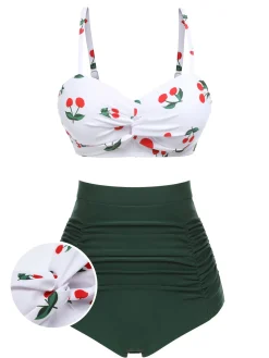 Online Retro Stage 2PCS 1950s Cherry Spaghetti Strap Bikini Set