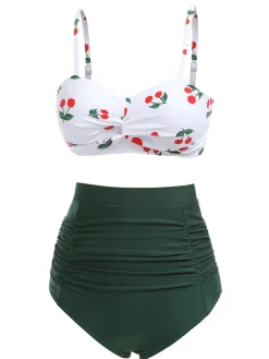 Online Retro Stage 2PCS 1950s Cherry Spaghetti Strap Bikini Set