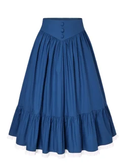 Discount Retro Stage 2PCS 1940s Cotton Cream V-Neck Top & Blue Pleated Skirt Cream White & Dark Blue