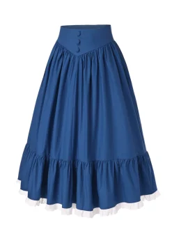 Discount Retro Stage 2PCS 1940s Cotton Cream V-Neck Top & Blue Pleated Skirt Cream White & Dark Blue