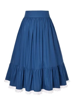 Discount Retro Stage 2PCS 1940s Cotton Cream V-Neck Top & Blue Pleated Skirt Cream White & Dark Blue