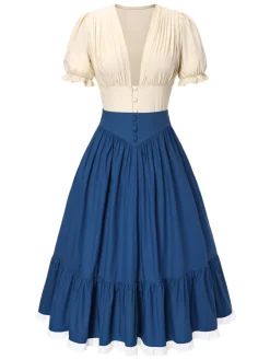 Discount Retro Stage 2PCS 1940s Cotton Cream V-Neck Top & Blue Pleated Skirt Cream White & Dark Blue