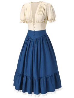 Discount Retro Stage 2PCS 1940s Cotton Cream V-Neck Top & Blue Pleated Skirt Cream White & Dark Blue