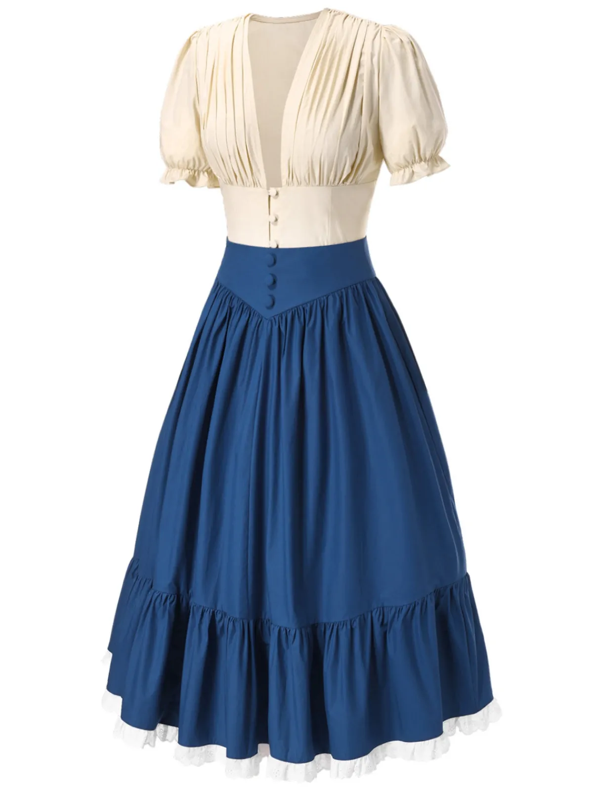 Discount Retro Stage 2PCS 1940s Cotton Cream V-Neck Top & Blue Pleated Skirt Cream White & Dark Blue