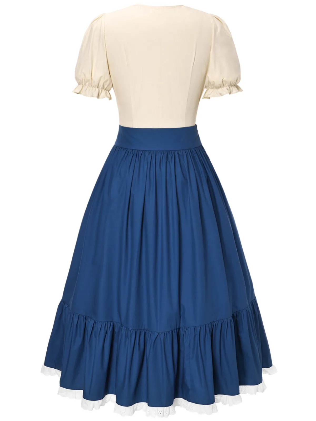 Discount Retro Stage 2PCS 1940s Cotton Cream V-Neck Top & Blue Pleated Skirt Cream White & Dark Blue