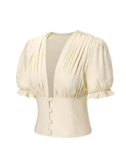 Discount Retro Stage 2PCS 1940s Cotton Cream V-Neck Top & Blue Pleated Skirt Cream White & Dark Blue