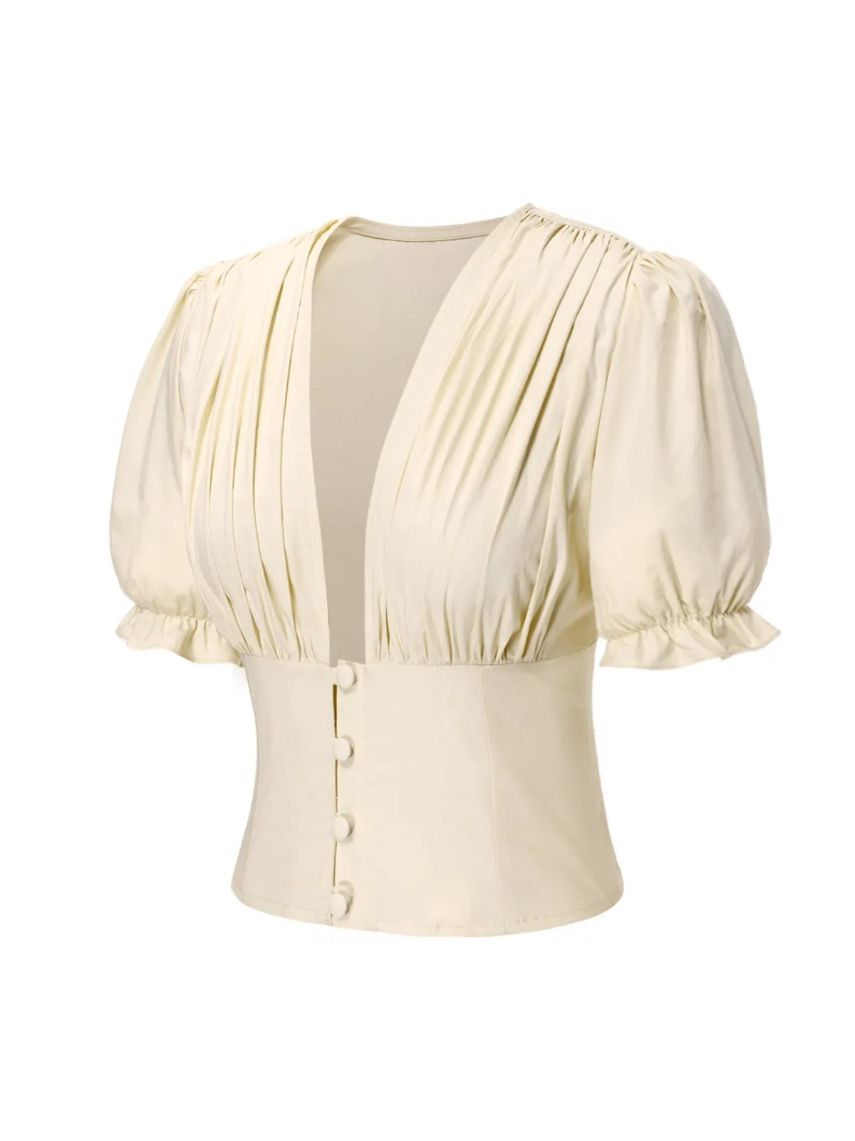 Discount Retro Stage 2PCS 1940s Cotton Cream V-Neck Top & Blue Pleated Skirt Cream White & Dark Blue