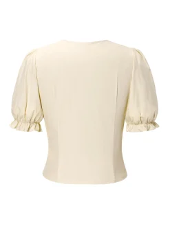 Discount Retro Stage 2PCS 1940s Cotton Cream V-Neck Top & Blue Pleated Skirt Cream White & Dark Blue