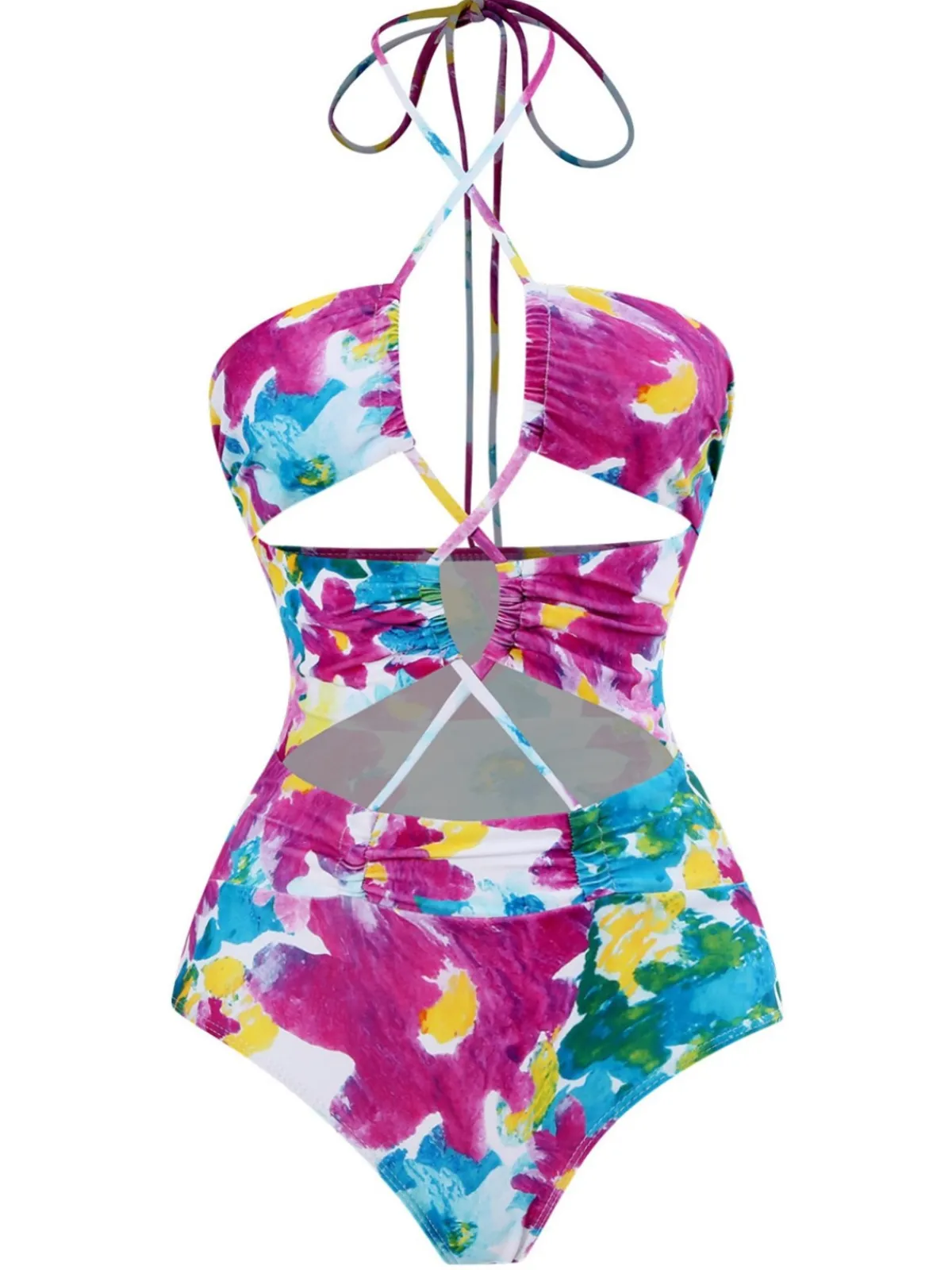Sale Retro Stage 2PCS 1940s Cutout Halter Oil Painting Swimsuit & Cover-Up