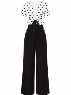 Clearance Retro Stage 2PCS 1950s Deep V-Neck Polka Dots Top & Straight-Leg Pants White & Black