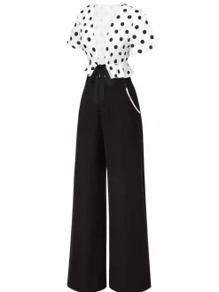 Clearance Retro Stage 2PCS 1950s Deep V-Neck Polka Dots Top & Straight-Leg Pants White & Black