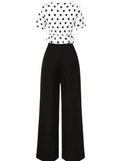 Clearance Retro Stage 2PCS 1950s Deep V-Neck Polka Dots Top & Straight-Leg Pants White & Black