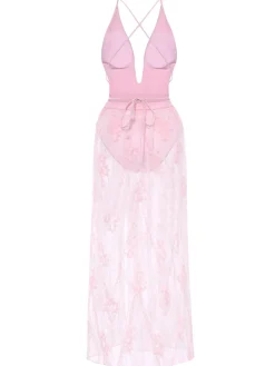 Online Retro Stage 2PCS 1940s Deep-V One-Piece Swimsuit & Lace Cover-Up