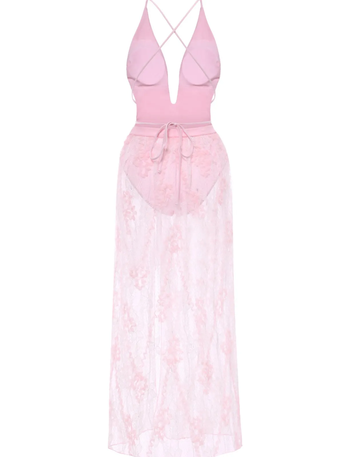 Online Retro Stage 2PCS 1940s Deep-V One-Piece Swimsuit & Lace Cover-Up
