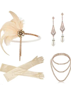 Fashion Retro Stage 4PCS 1920s Feather Headband Gloves Accessories Set