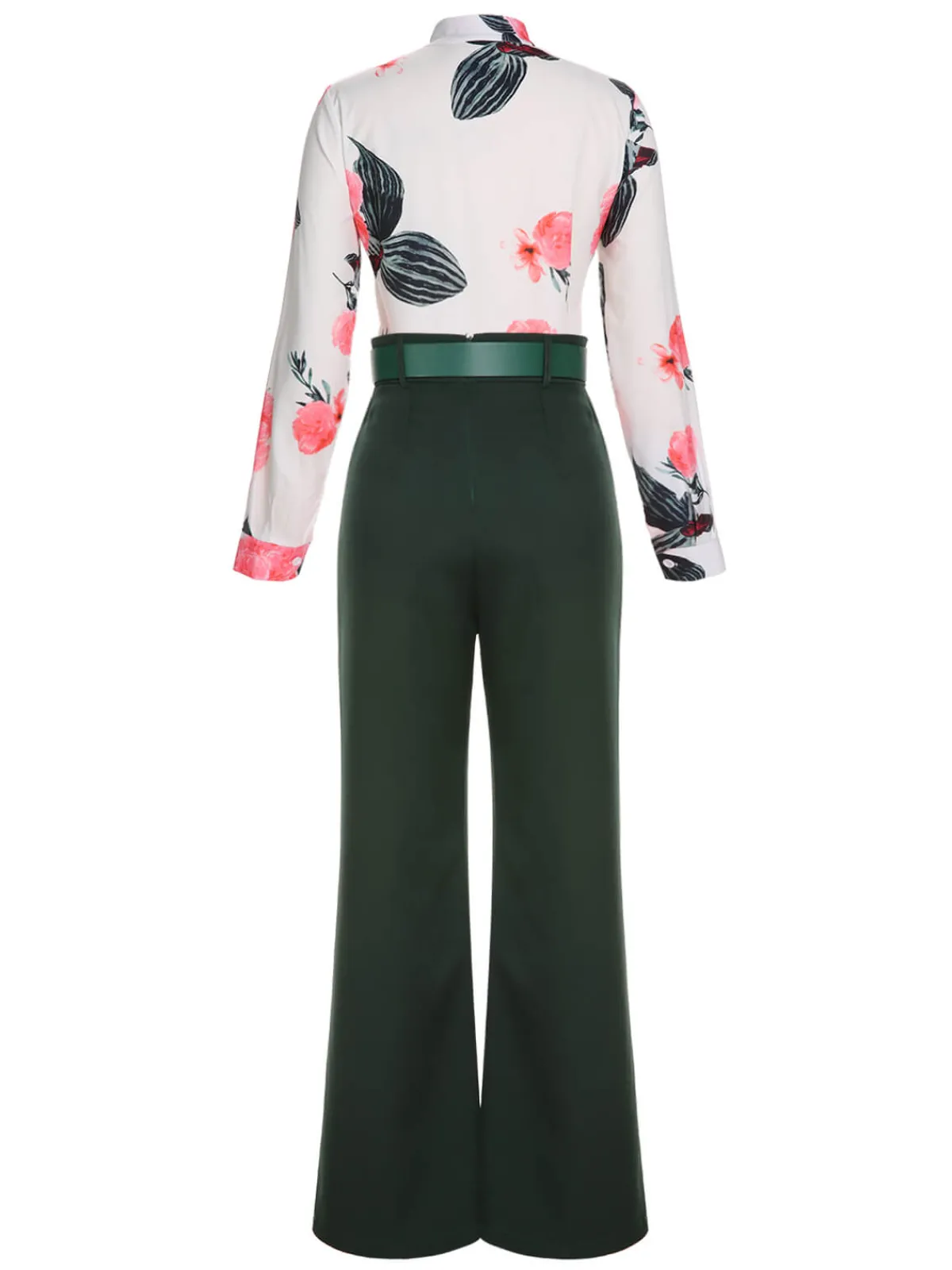 Best Retro Stage 2PCS 1930s Floral Blouse & Green Wideleg Pants White & Green