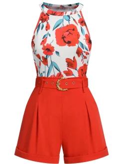 Discount Retro Stage 2PCS 1970s Floral Crewl Halter Top & Shorts With Belt
