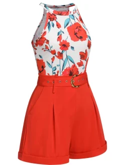 Discount Retro Stage 2PCS 1970s Floral Crewl Halter Top & Shorts With Belt