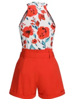 Discount Retro Stage 2PCS 1970s Floral Crewl Halter Top & Shorts With Belt