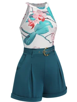 Discount Retro Stage 2PCS 1970s Floral Crewl Halter Top & Shorts With Belt