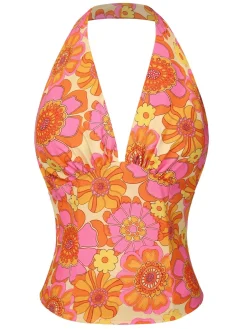 Outlet Retro Stage 2PCS 1960s Floral Halter Top & Solid Skirt Orange