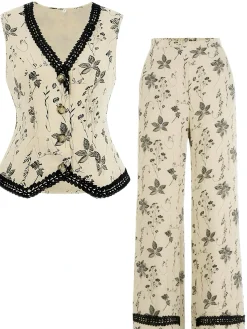Fashion Retro Stage 2PCS 1940s Floral Hem V-Neck Vest & Pants